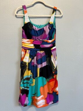 Bisou Bisou Multicolor Abstract Midi Dress with Teal & Orange Accents w/Pockets